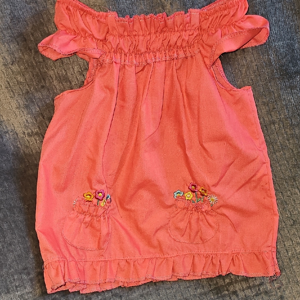 Coral Ruffled Sleeveless Top with Floral Embroidery